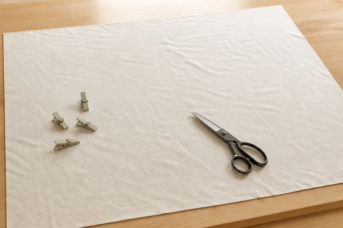 Chute de jersey coton étalée à plat sur une table en bois, ciseaux de couture posés à côté