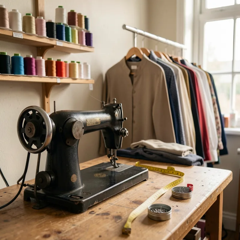 Atelier de retouche avec machine à coudre industrielle, vêtements suspendus sur un portant et mètre ruban posé sur la table
