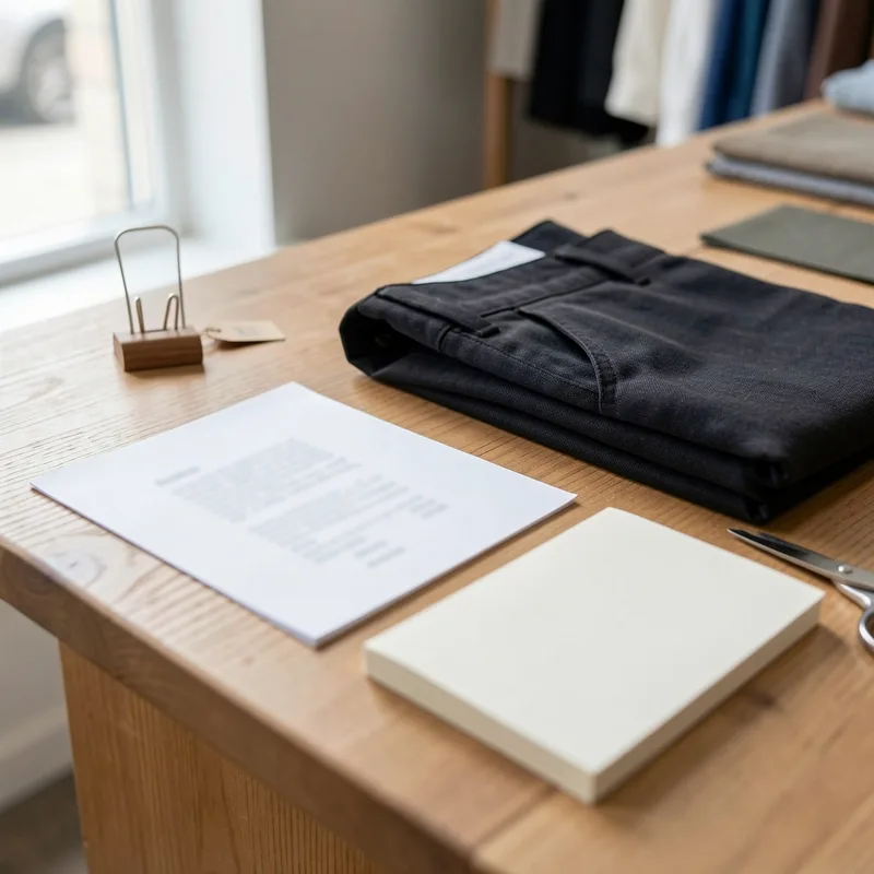 Facture d&rsquo;atelier de couture posée sur un comptoir à côté d&rsquo;un pantalon plié et d&rsquo;une paire de ciseaux