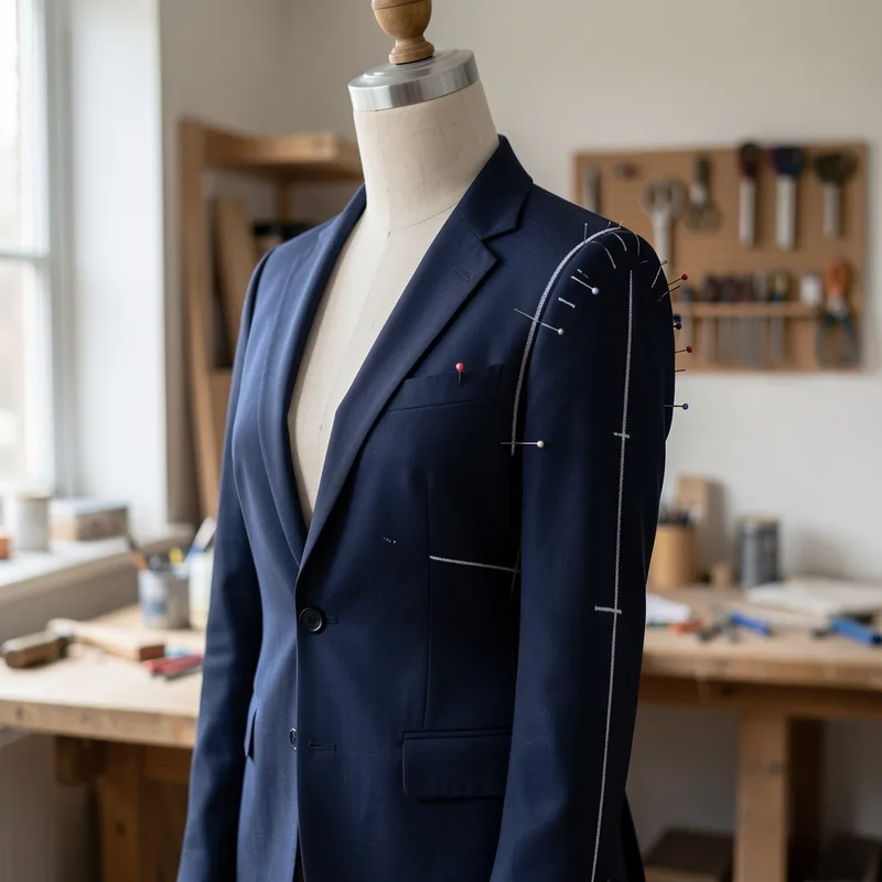 Veste de tailleur posée sur un mannequin de couture, épaule et emmanchure marquées à la craie blanche